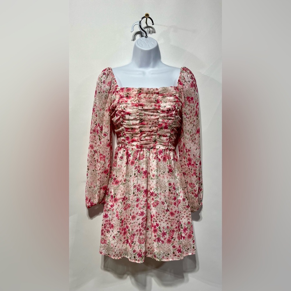 Crystal Doll Pink Floral Long Sleeve Mini‎ Dress Size XS NWOT